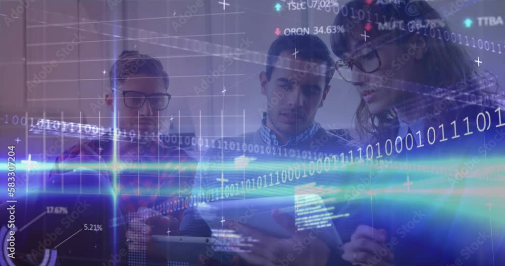 Poster animation of computer language, trading board, graphs, binary codes, diverse coworkers sharing ideas