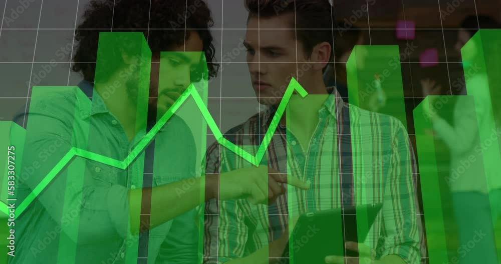 Poster animation of multiple graphs over diverse coworkers discussing reports over digital tablet in office