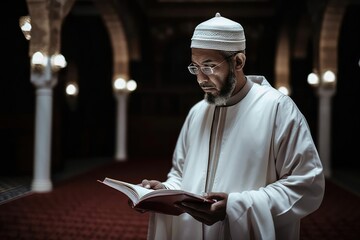 man reading the holy koran at the mosque. Generative AI - obrazy, fototapety, plakaty