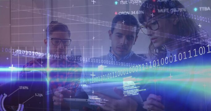 Animation of computer language, trading board, graphs, binary codes, diverse coworkers sharing ideas - Powered by Adobe