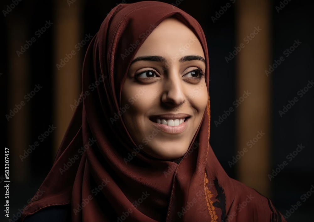 Poster Smiling young college female student wearing a hijab looking away. generative AI