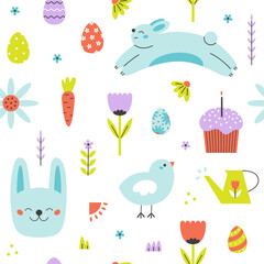 Seamless pattern with Easter holiday elements. Colorful flat vector background.