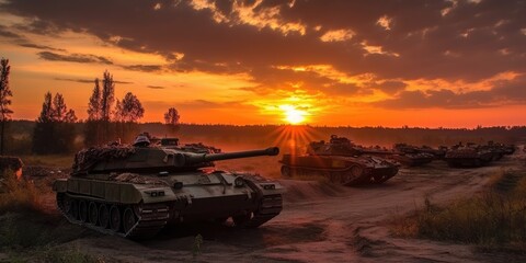Naklejka na ściany i meble Tanks moving forward advancing in sunset. Generative AI
