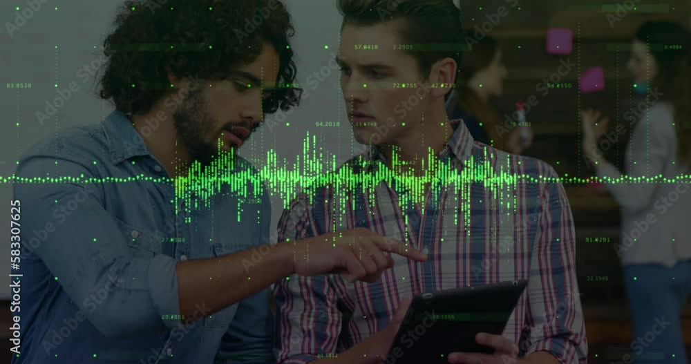 Poster animation of graphs, changing numbers over diverse coworkers discussing reports on digital tablet