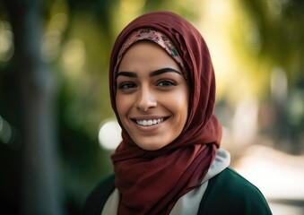 Smiling young college female student wearing a hijab looking at the camera. generative AI