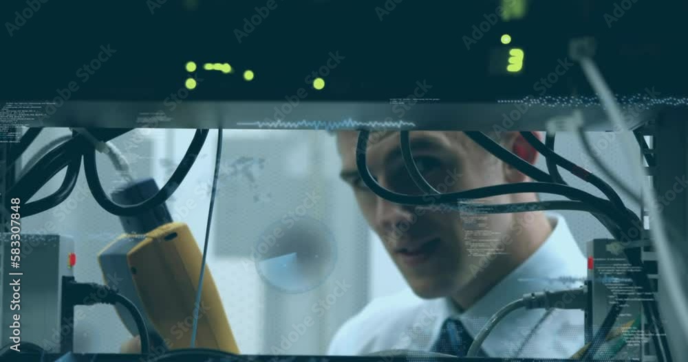 Wall mural Animation of data processing over caucasian male it engineer and computer server