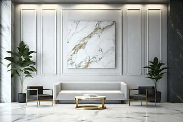 blank mock up in modern luxury interior hospital lobby receptionist design with marble wall, luxury sofa, high ceiling