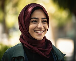 Smiling young college female student wearing a hijab looking at the camera. generative AI