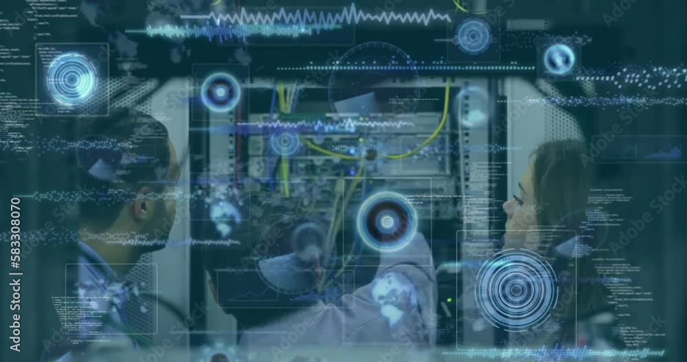 Poster animation of data processing over diverse it engineers and computer server