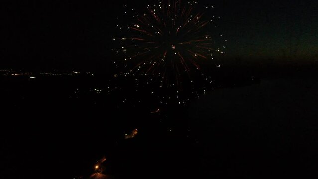 Fireworks at Night from Drone with Bright Colors celebrating the 4th of July in America