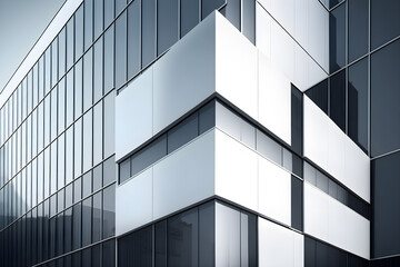 White aluminum composite panels are used in an office building. a glass and metal facade wall. current corporate architecture that is abstract
