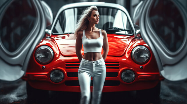 Girl and car, concept visual art. generative AI	
