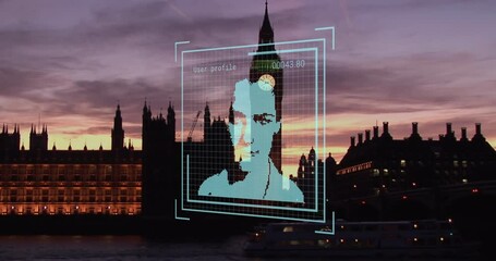Animation of financial data processing over biometric photo and london cityscape - Powered by Adobe
