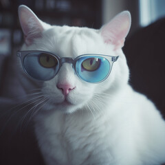 White cat in a transparent blue glass