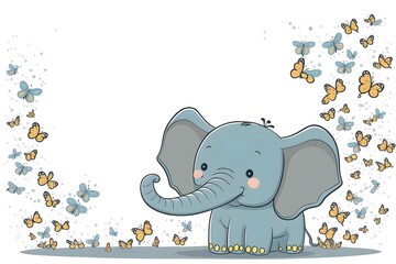 Background of a baby elephant. Wallpaper illustration. Top view and flat lay with copy space for text information or content. Concept of birthday card, invitation card. Generative AI.