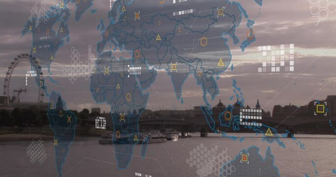Animation of financial data processing over wold map and london cityscape