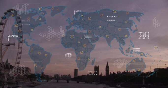 Animation of financial data processing over wold map and london cityscape