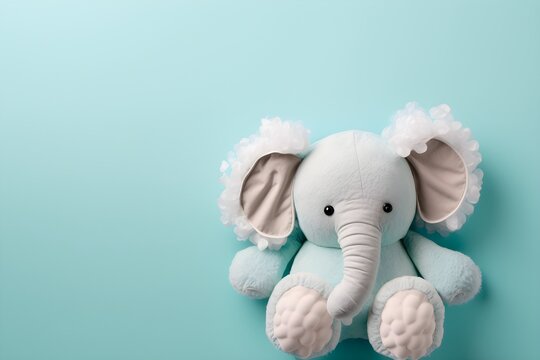 Background of a baby elephant. Wallpaper illustration. Top view and flat lay with copy space for text information or content. Concept of birthday card, invitation card. Generative AI.