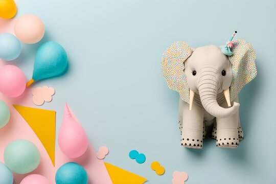 Background of a baby elephant. Wallpaper illustration. Top view and flat lay with copy space for text information or content. Concept of birthday card, invitation card. Generative AI. - Powered by Adobe