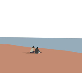 Fototapeta premium woman and man sitting on the sand of a beach by the sea enjoying view. Tropical destination vacation. Romantic couple on the beach