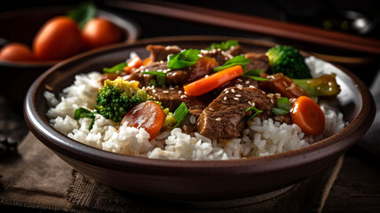 Healthy and Balanced Beef and Vegetable Stir Fry with Fluffy White Rice in a Bowl