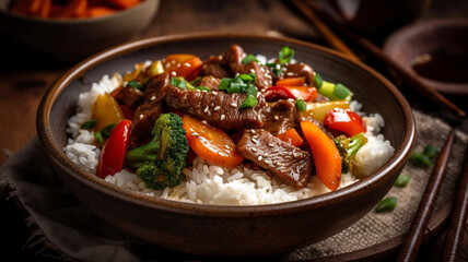 Satisfying Beef and Veggie Stir Fry with Freshly Cooked White Rice in a Bowl