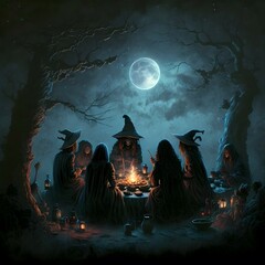 coven of sister witches meeting under a full moon - obrazy, fototapety, plakaty