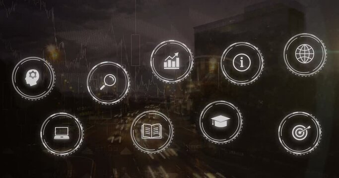 Animation of icon in circles over graphs against time-lapse of moving vehicles and buildings