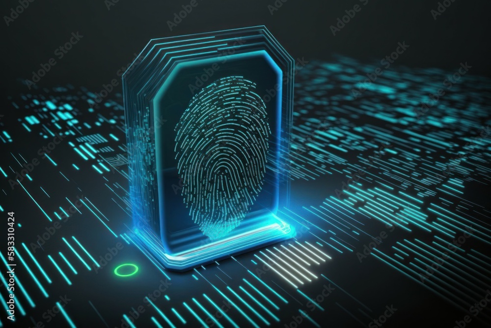 Poster digital biometri, security identify by fingerprint concept. scanning system fingerprint. ai generate