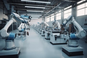 Robotic assembly line. Robot in the industry on the conveyor. AI generated, human enhanced