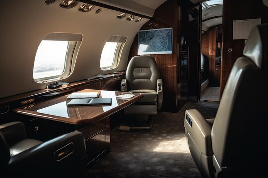 Luxury interior in the modern business jet. Travel concept. AI generated, human enhanced