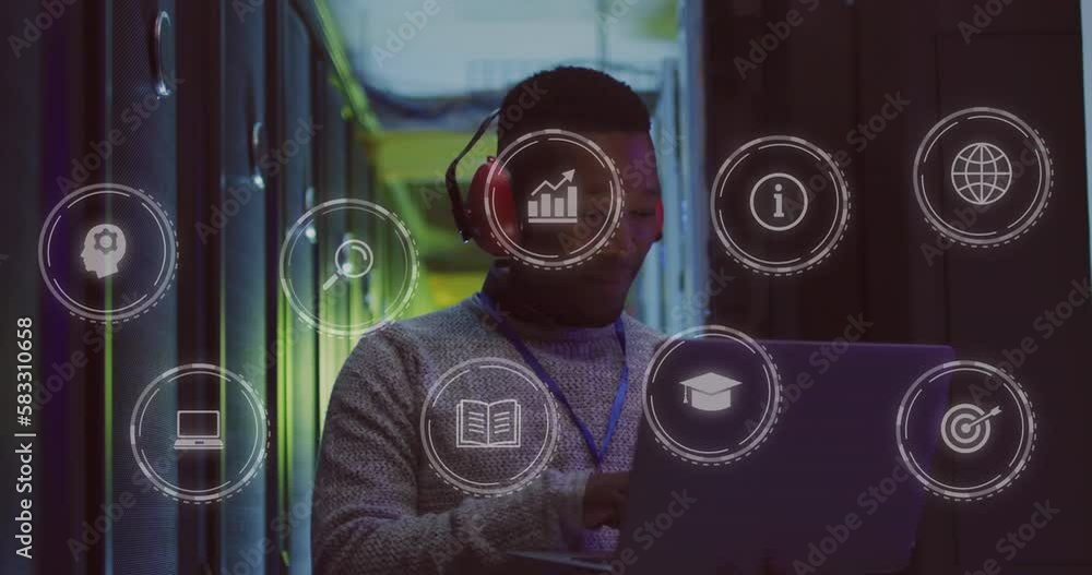 Poster animation of data processing over african american male it engineer by computer servers