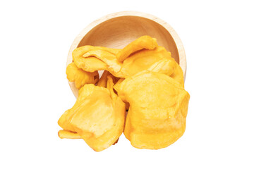 Dried Butter Roasted Jackfruit. Close up of a pile of dried jackfruit in wooden Square shape...