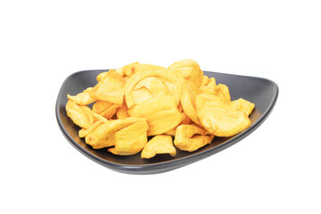 Dried jackfruit. Close up of a pile of dried jackfruit on a black plate for a snack chips. isolated on cutout PNG. Food preservation concept popular in Thailand. Suitable for party.