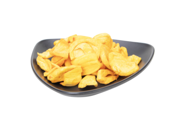 Dried jackfruit. Close up of a pile of dried jackfruit on a black plate for a snack chips. isolated on cutout PNG. Food preservation concept popular in Thailand. Suitable for party.