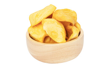 Dried Butter Roasted Jackfruit. Close up of a pile of dried jackfruit in wooden round shape cup for...