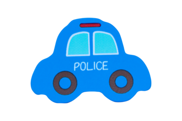 Blue toy car police small. Made of wood for children to play. Isolated on cutout PNG. Enhancing development and fun for children. Girls or boys can play with this toy car. Promote brain.
