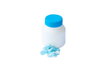 Paracetamol with a white plastic bottle with a blue cap also known or oral medicine as acetaminophen pill medication used to treat mild moderate pain and fever isolated on cutout PNG.
