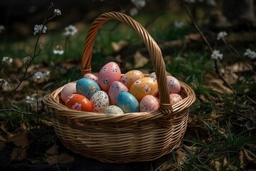 Ester Basket with Easter Eggs in the Garden