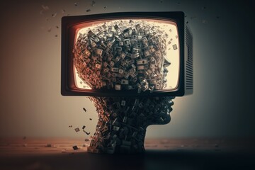 TV instead of a head. Propaganda concept. AI generated, human enhanced - obrazy, fototapety, plakaty