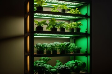 Indoor farm on multi-level racks with shelves and phyto light. AI generated, human enhanced