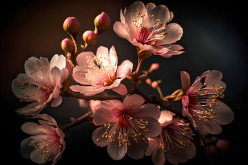 Obraz na płótnie Canvas Pink fruit tree flowers in sunlight against dark background close-up