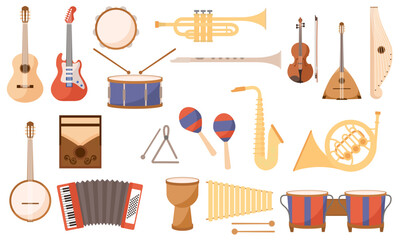 Set of musical instruments. Collection of icons for website. Acoustic and electric guitars, drums, saxophone and trumpet, maracas. Cartoon flat vector illustrations isolated on white background - obrazy, fototapety, plakaty