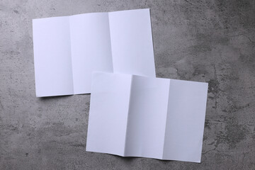 Blank opened tri fold flyer brochure on gray background as template for design presentation,...