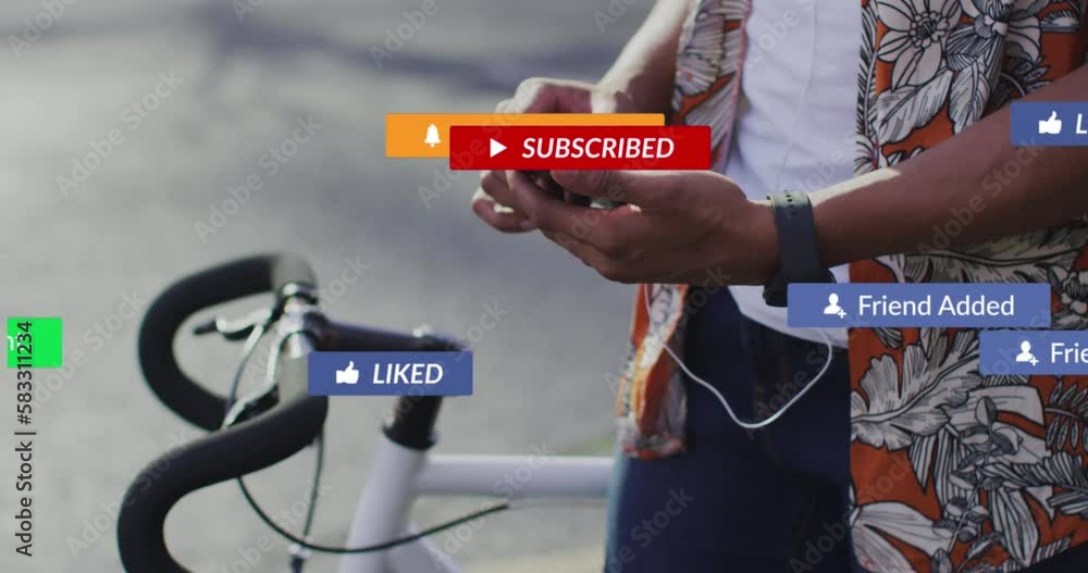 Poster animation of floating notifications, midsection of african american man with bicycle using cellphone