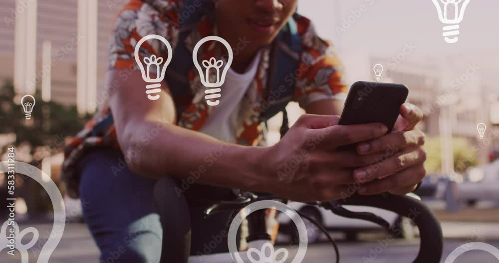 Poster animation of light bulb icons and data processing over african american man using smartphone