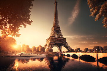 Fototapeta na wymiar Eiffel Tower at sunset in Paris, France. Romantic travel background