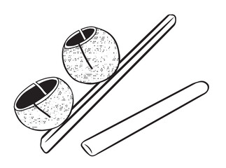 Outline drawing agogo in wood. It is an idiophonic musical instrument made by two gourds nailed to a piece of wood used in Capoeira. Vector illustration isolated on white background.