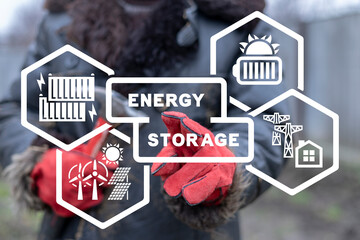 Concept of a modern high-capacity battery energy storage system in a container. Energy storage at wind generators and solar panels. Renewable power.