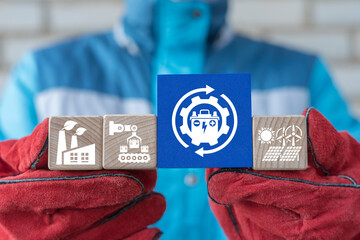 Accumulator production industry concept. Environmentally friendly manufacturing of batteries. Maintenance service and charging rechargeable accumulator.